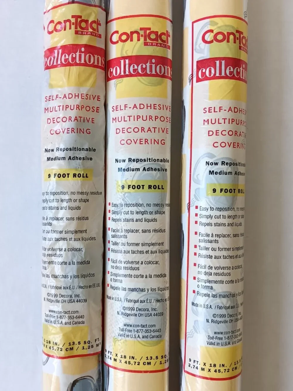 Lot of 3 Vintage Con-Tact Yellow w/ Blue Kettles Self-Adhesive Covering 9 Ft ea.